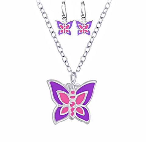 925 Sterling Silver Butterfly Drop Earrings and Necklace Set For Kids and Teens - Forever Kids Jewelry