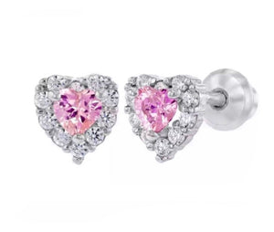 925 Sterling Silver Heart CZ Stones 6 mm Screw Back Earrings for Baby, Toddler, Kids, Teens - Forever Kids Jewelry