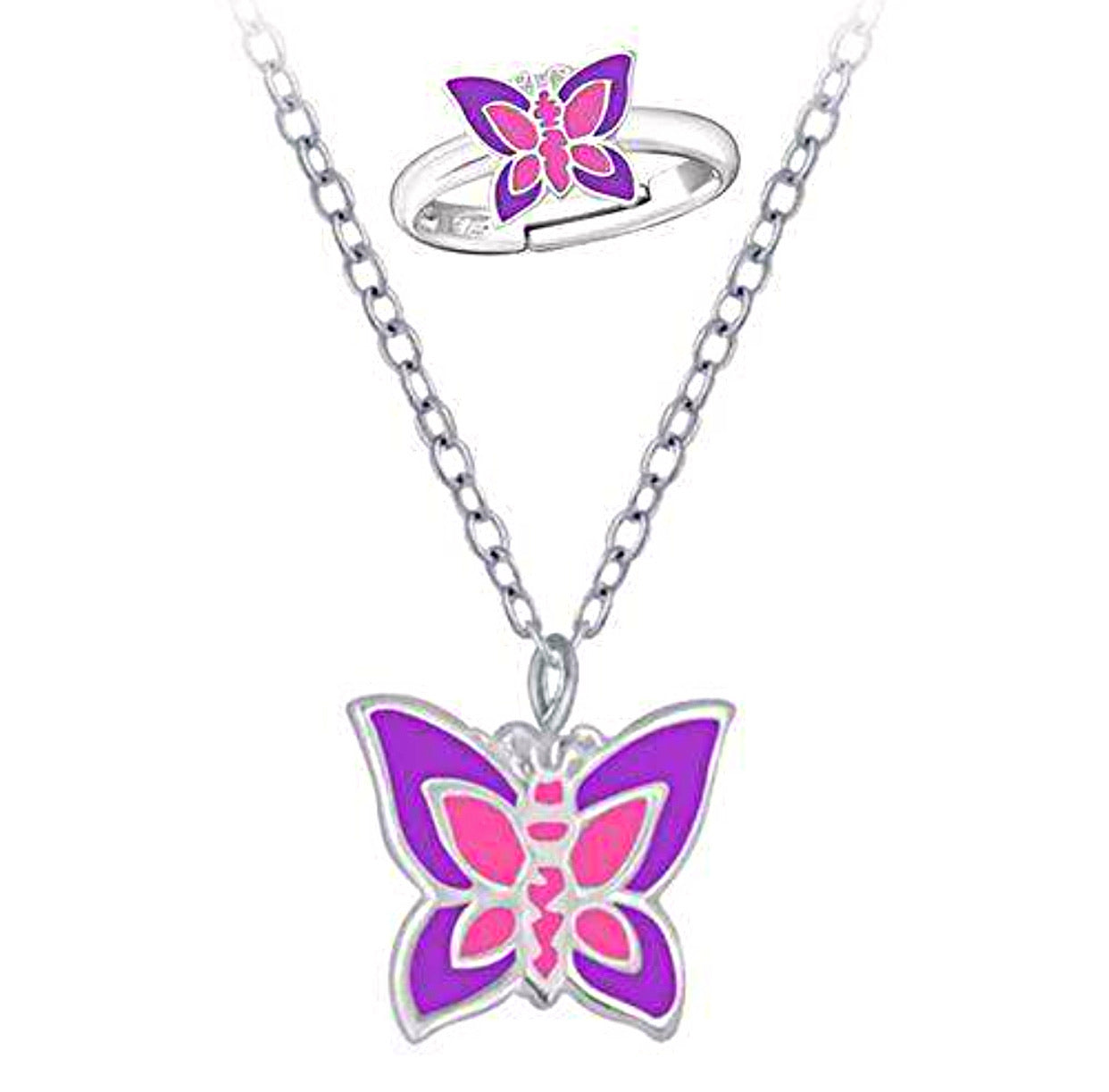 925 Sterling Silver Butterfly Necklace and Ring Set For Toddlers and Kids - Forever Kids Jewelry