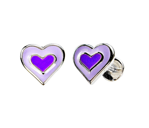 925 Sterling Silver Enamel Hearts Screw Back Earrings For Baby, Toddlers, Kids and Teens