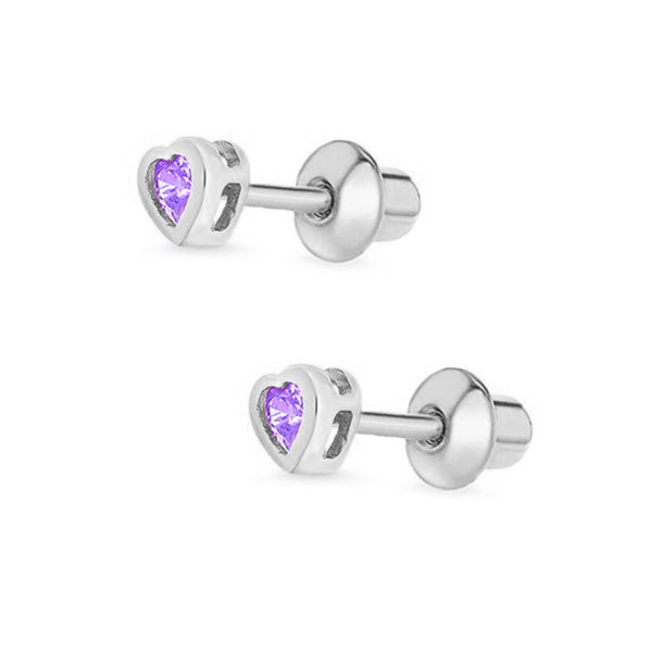 925 Sterling Silver CZ Small Heart Push Back Earring For Kids, Teens