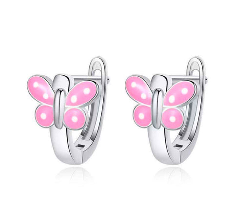925 Sterling Silver Butterfly Pink White Enamel Huggie Hoop Earrings For Kids, Teens - Forever Kids Jewelry