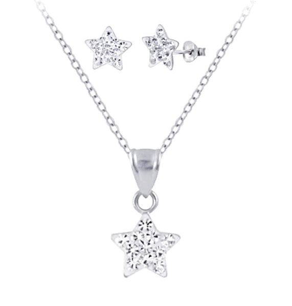 925 Sterling Silver Crystal Star Push Back Earrings, Necklace Set For Toddlers, Kids, Teens
