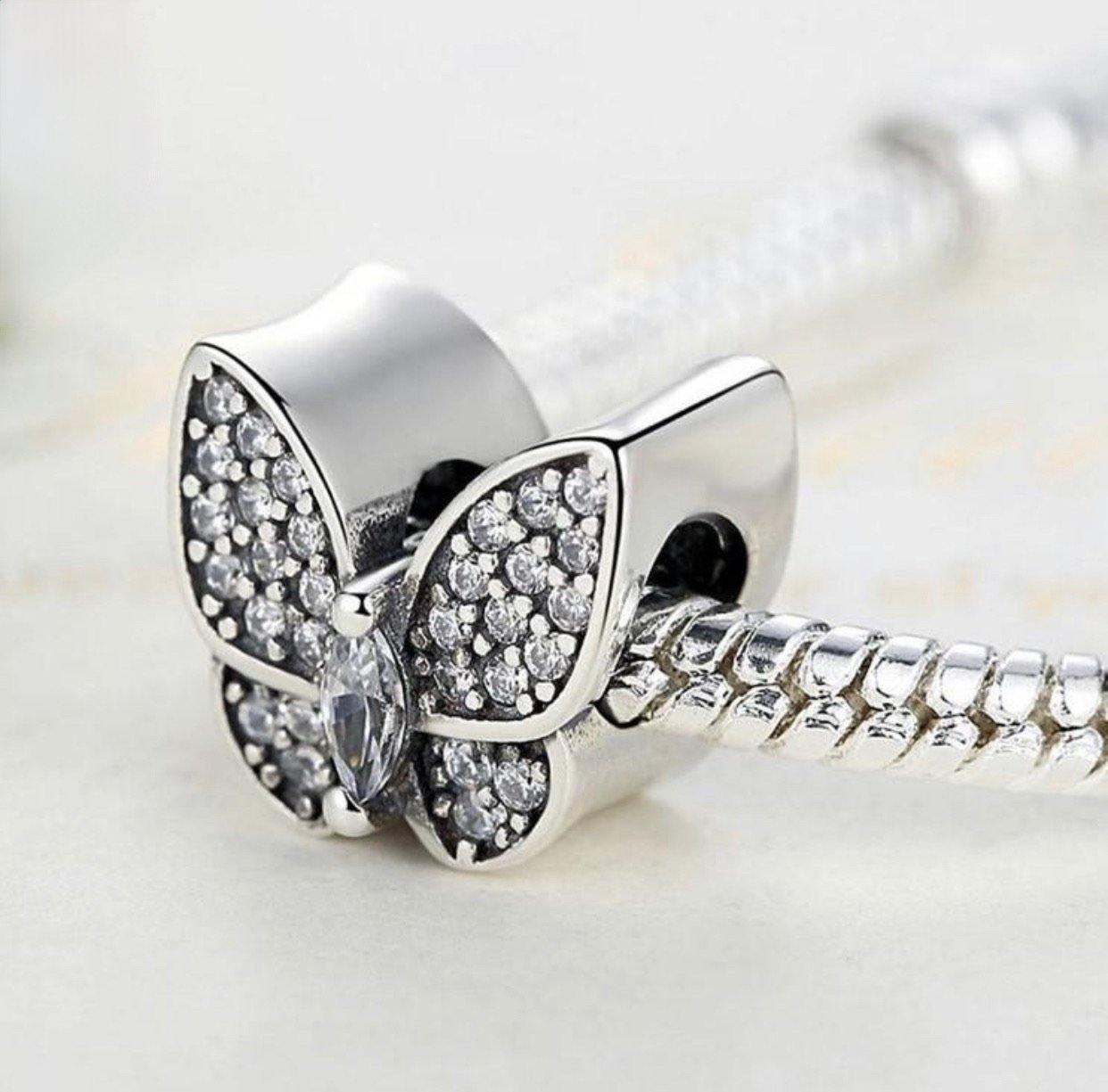 925 Sterling Silver Butterfly Charm White Crystal Stones - Forever Kids Jewelry