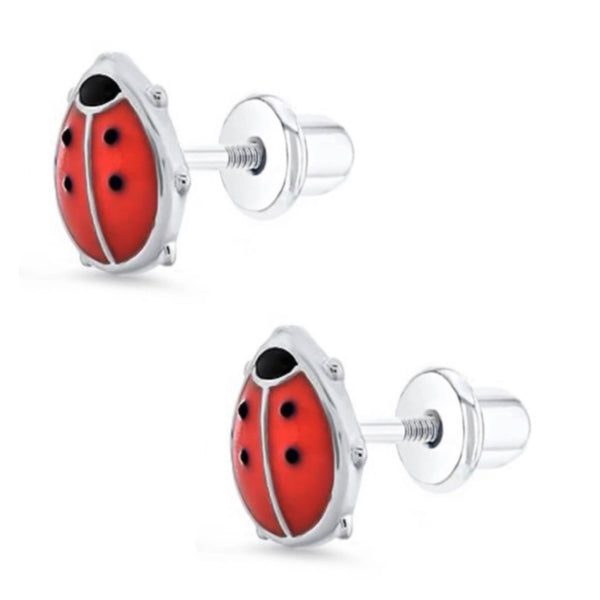 925 Sterling Silver Ladybug Enamel Screw Back Earrings For Baby, Toddler, Kids and Teens