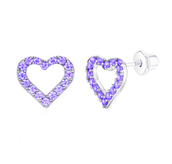 925 Sterling Silver Open Heart CZ Stones Screw Back Earrings For Baby, Toddlers, Kids and Teens - Forever Kids Jewelry