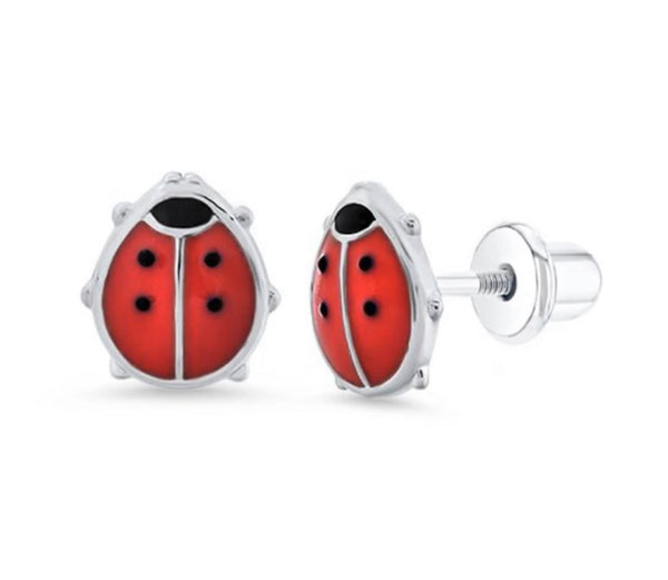 925 Sterling Silver Ladybug Enamel Screw Back Earrings For Baby, Toddler, Kids and Teens