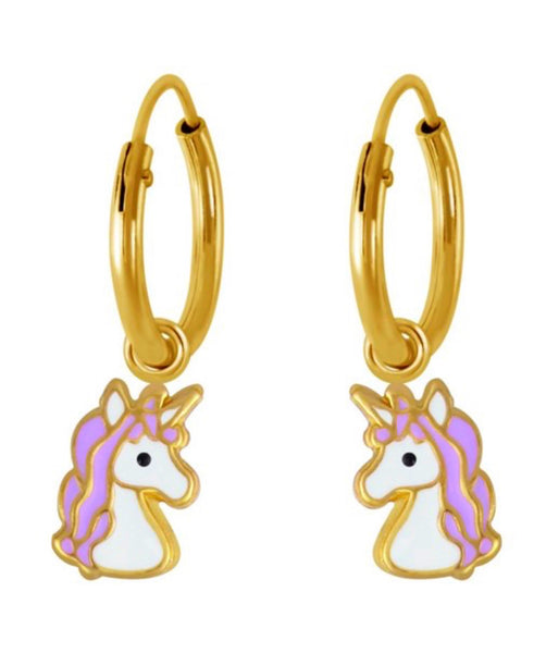 14K Gold Plated 925 Sterling Silver Enamel Unicorn Hoop Earrings For Kids, Teens - Forever Kids Jewelry