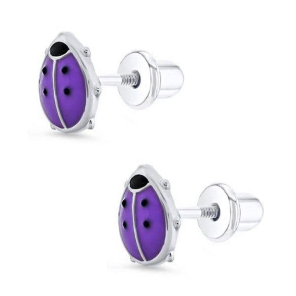 925 Sterling Silver Ladybug Enamel Screw Back Earrings For Baby, Toddler, Kids and Teens