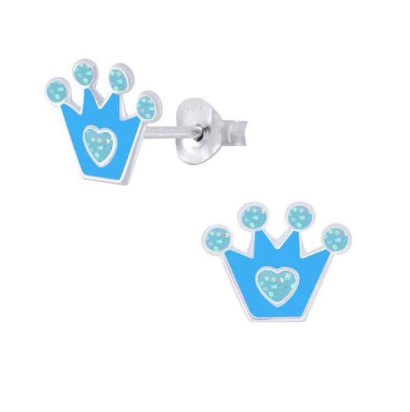 925 Sterling Silver Crown Glitter Enamel Push Back Earring For Kids, Teens