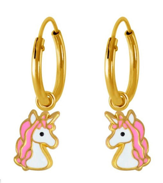 14K Gold Plated 925 Sterling Silver Enamel Unicorn Hoop Earrings For Kids, Teens - Forever Kids Jewelry