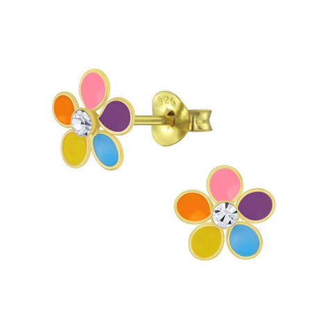 14K Gold Plated 925 Sterling Silver Crystal Flower Enamel Push Back Earrings For Kids, Teens