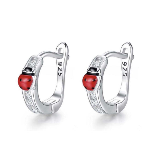 925 Sterling Silver Ladybug CZ Stones Red Enamel Huggie Hoop Earrings For Baby, Kids, Girls - Forever Kids Jewelry