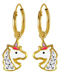 14K Gold Plated 925 Sterling Silver Crystal Unicorn Enamel Hoop Earrings For Kids, Teens - Forever Kids Jewelry