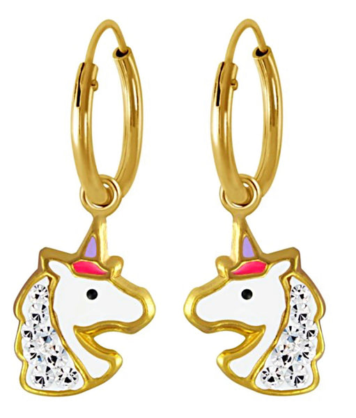 14K Gold Plated 925 Sterling Silver Crystal Unicorn Enamel Hoop Earrings For Kids, Teens - Forever Kids Jewelry