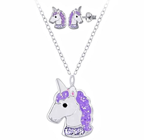 925 Sterling Silver Crystal Glitter Hair Unicorn Push Back Earrings and Necklace Set For Toddlers, Kids and Teens - Forever Kids Jewelry