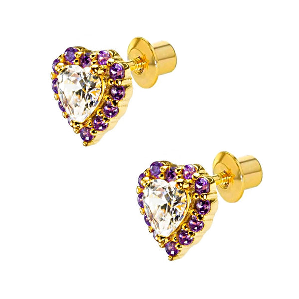 14K Plated Heart 925 Sterling Silver CZ Stones 9 mm Screw Back Earrings For Kids and Teens - Forever Kids Jewelry