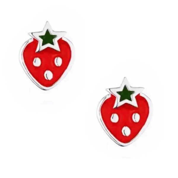 925 Sterling Silver Strawberry Enamel Screw Back Earrings For Baby, Toddlers, Kids, Teens - Forever Kids Jewelry