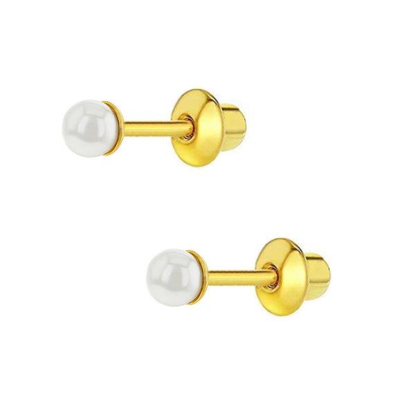 14K Gold Plated / 925 Sterling Silver 4mm Pearl Stud / Push Back Earring For Kids, Teens