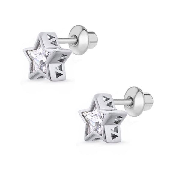 925 Sterling Silver Star CZ Stone Screw Back Earrings For Baby, Toddler, Kids, Teens