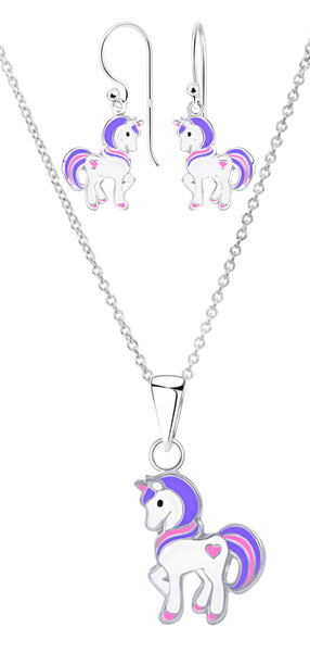 925 Sterling Silver Unicorn With Heart Drop Earrings and Necklace Set For Kids and Teens - Forever Kids Jewelry