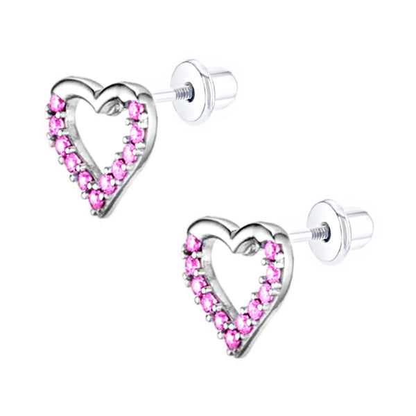 925 Sterling Silver Polished Open Heart CZ Stones For Baby, Kids and Teens
