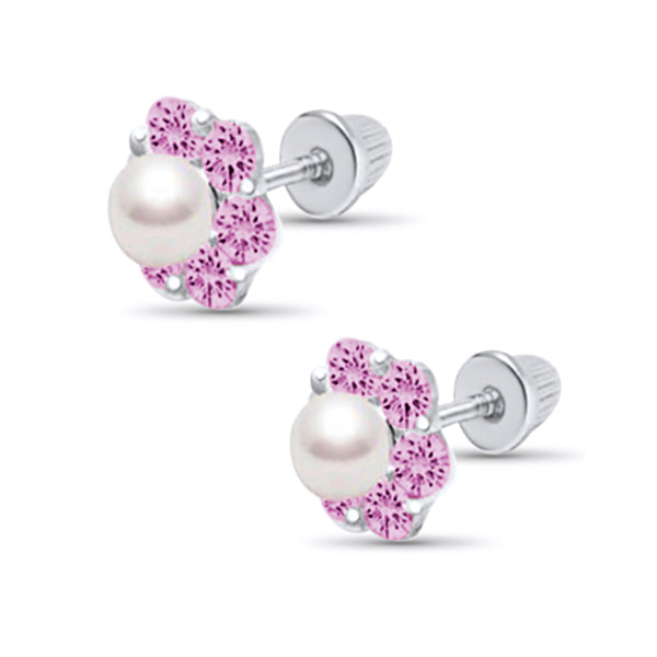 925 Sterling Silver Flower Pearl CZ Stones Screw Back Earrings for Baby, Kids, Teens - Forever Kids Jewelry