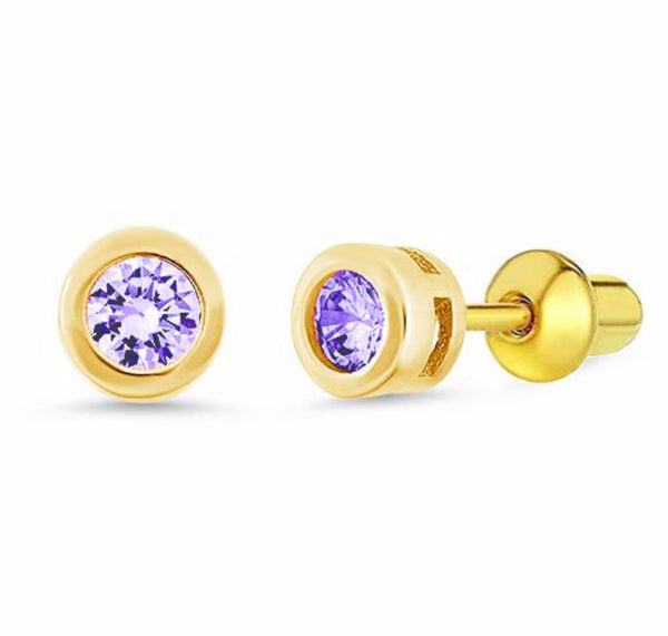 14K Gold Plated 925 Sterling Silver CZ Small Round Push Back Earring For Kids, Teens