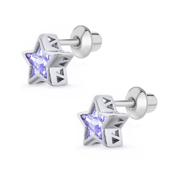 925 Sterling Silver Star CZ Stone Screw Back Earrings For Baby, Toddler, Kids, Teens