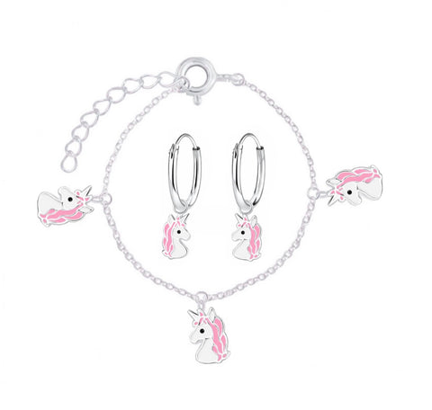 925 Sterling Silver Pink Unicorn Bracelet and Hoop Earrings Set For Kids - Forever Kids Jewelry