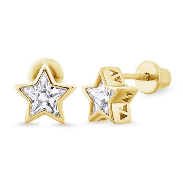 14K Gold Plated 925 Sterling Silver Star CZ Stone Screw Back Earrings For Baby, Toddler, Kids, Teens - Forever Kids Jewelry
