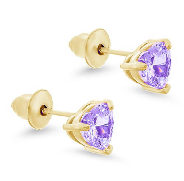 14K Gold Plated 925 Sterling Silver 6 mm CZ Heart Push Back Earring For Kids, Teens