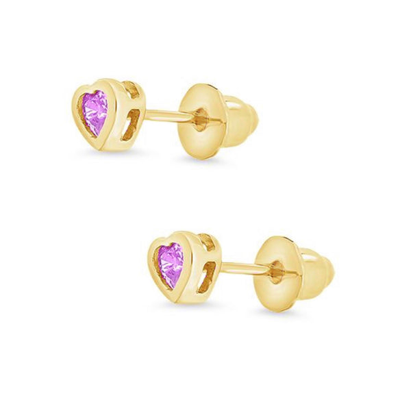 14K Gold Plated, 925 Sterling Silver CZ Small Heart Push Back Earring For Kids, Teens