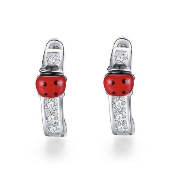 925 Sterling Silver Ladybug CZ Stones Red Enamel Huggie Hoop Earrings For Baby, Kids, Girls - Forever Kids Jewelry
