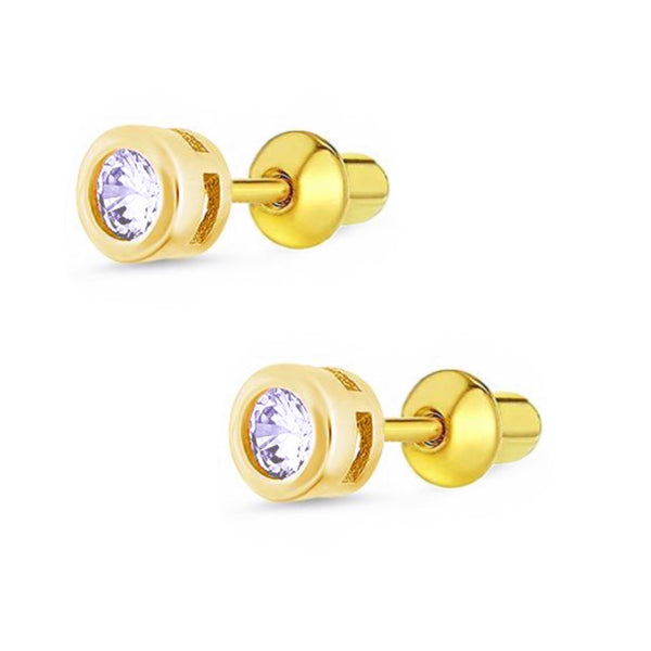 14K Gold Plated 925 Sterling Silver CZ Small Round Push Back Earring For Kids, Teens