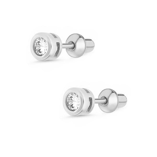 925 Sterling Silver CZ Small Roun Push Back Earring For Kids, Teens