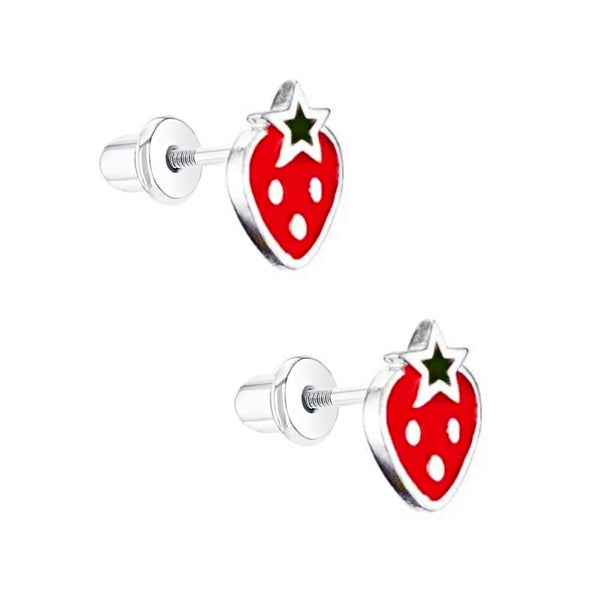 925 Sterling Silver Strawberry Enamel Screw Back Earrings For Baby, Toddlers, Kids, Teens - Forever Kids Jewelry