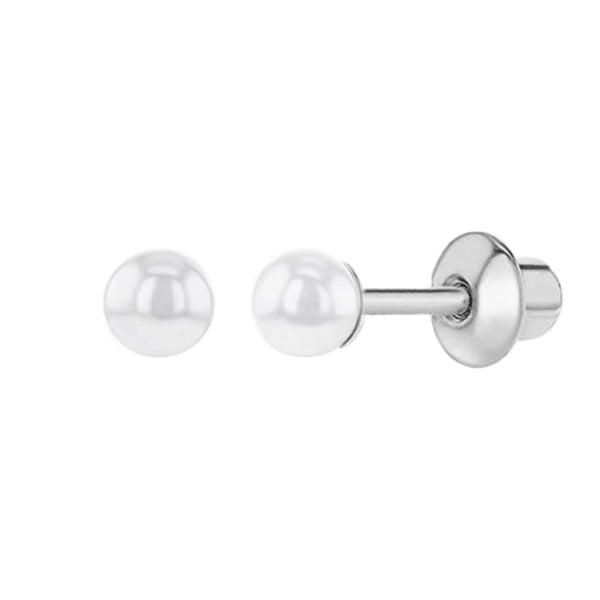 14K Gold Plated / 925 Sterling Silver 4mm Pearl Stud / Push Back Earring For Kids, Teens