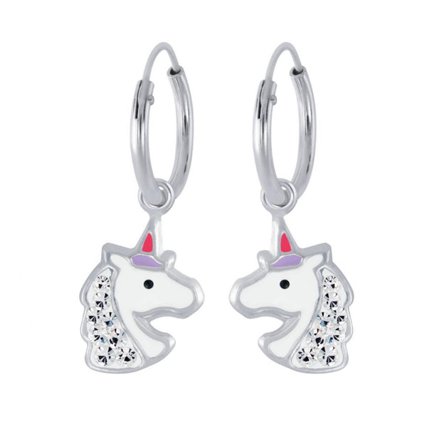 925 Sterling Silver Crystal Unicorn Hoop Earrings For Kids, Teens - Forever Kids Jewelry