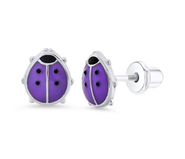 925 Sterling Silver Ladybug Enamel Screw Back Earrings For Baby, Toddler, Kids and Teens