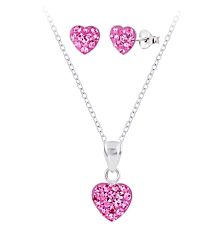 925 Sterling Silve Crystal Hearts Push Back Earrings and Necklace Set For Kids and Teens