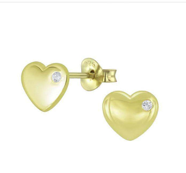 14K Gold Plated 925 Sterling Silver Polished Heart CZ Stone Push Back Earrings For Teens, Kids - Forever Kids Jewelry