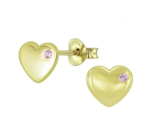 14K Gold Plated 925 Sterling Silver Polished Heart CZ Stone Push Back Earrings For Teens, Kids - Forever Kids Jewelry