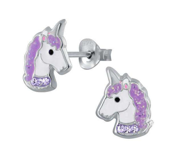 925 Sterling Silver Unicorn Crystal Glitter Hair Enamel Earrings Kids, Girls, Teens - Forever Kids Jewelry