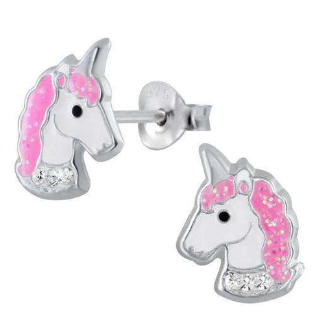 925 Sterling Silver Unicorn Crystal Glitter Hair Enamel Earrings Kids, Girls, Teens - Forever Kids Jewelry