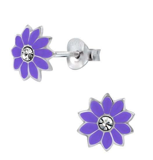925 Sterling Silver Flower Crystal Enamel Push Back Earrings Kids, Teens - Forever Kids Jewelry