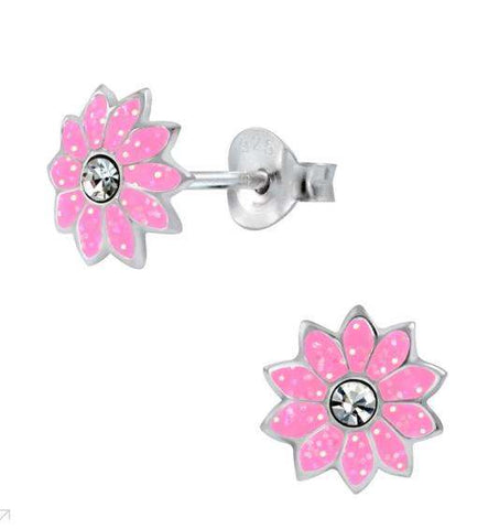 925 Sterling Silver Flower Crystal Enamel Push Back Earrings Kids, Teens - Forever Kids Jewelry