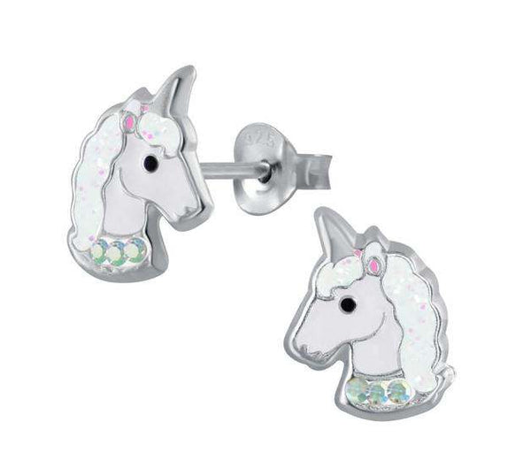 925 Sterling Silver Unicorn Crystal Glitter Hair Enamel Earrings Kids, Girls, Teens - Forever Kids Jewelry