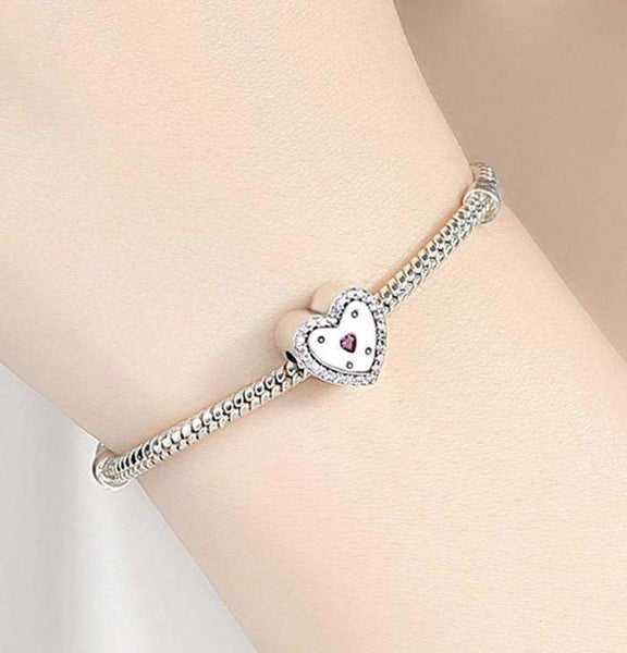 925 Sterling Silver Heart Shaped Charm Pink CZ Stones - Forever Kids Jewelry