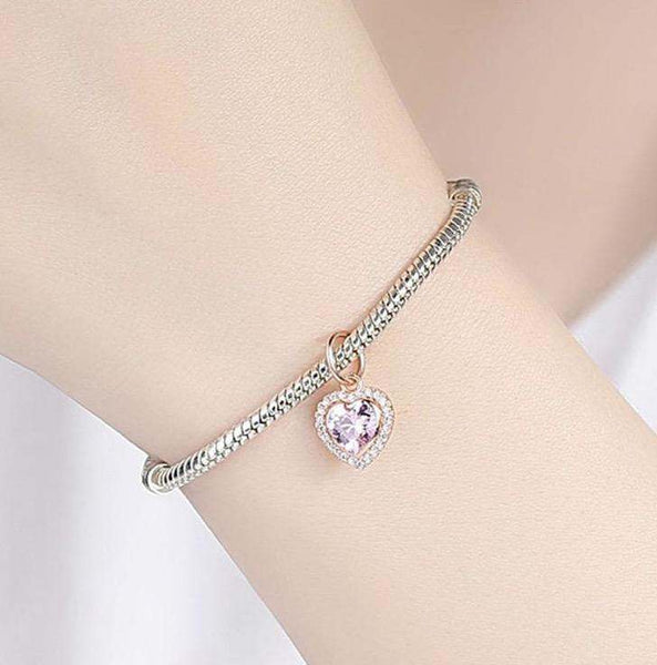 Gold Rose 925 Sterling Silver CZ Heart Charm Pink White Stones - Forever Kids Jewelry